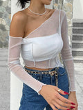 Color Sparkly Hollow Mesh Slant Shoulder Irregular Collar Sexy Women Crop Top-Outfit