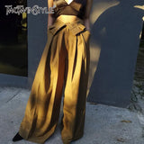 Elegant Loose Women Full Length Pants High Waist Tunic Patchwork Ruffles Pleated Wide Leg Pant For Female