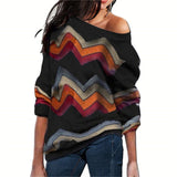 Women Blouses Off Shoulder Tops Striped Print Pullover Jumper Casual Knitted Top Long Sleeve Blouse Shirt Camiseta