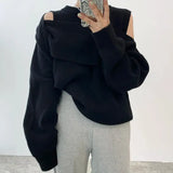 Korean Chic Women Sweater Elegant Hollow Out Off Shoulder Patchwork Loose Knitted Tops Office Lady Fashion Pullover-Outfit