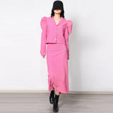 TWOTWINSTYLE Loose Two Piece Set Womens Notched Collar Puff Sleeve Tops High Waist Loose Midi Skirts Female Solid Sets