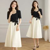 Collar Splicing Dress Women 2025 Summer Dress New Fashion Temperament Thin Design Small Bubble Sleeve Long
