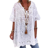 Toloer Women's New V-Neck Hollow Embroidered Blouse Short-Sleeved