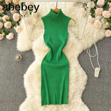 Strap Women Knitted Pencil Dress Turtleneck Sleeveless Elastic Slim Sheath Dresses Summer Korean Streetwear Short