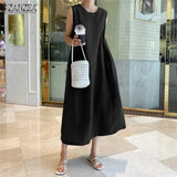 Sleeveless A Line Robe Beach Casual Loose Vestidos 2021 Summer Cotton Linen Tank Dresses ZANZEA Fashion Solid Maxi