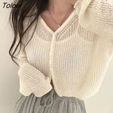Sweaters Women Pure Color Elegant Ulzzang Lady V-neck Knitting Leisure Student All-match Holiday Basic Sun-proof