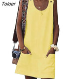 Casual Women Solid Color Pocket Mini Dress Sleeveless Button Sundress Summer Elegant Fashion Women's Clothing