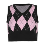 Argyle Y2K Crop Top Sweater Vest V Neck Vintage Sleeveless Tank Jumper Preppy Style Plaid Knitted Pullover