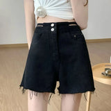 Fashion Women's Denim Shorts High Waisted For Summer Solid Raw Edge Korean Version Casual Hollow Out Wide Leg Jean