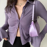 Polo Collared Horn Sleeve Shirt Slim Slim Elastic Long-Sleeved