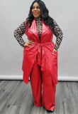 Plus Size Pocket PU Leather Long Vest And Pant 2 Piece