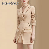 Casual Khaki Two Piece Set Women Notched Long Sleeve Blazer High Waist Irregular Mini Skirt Women's Suit 2022
