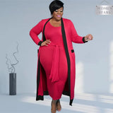 Piece Sets Plus Size Women Clothing 2021 Fall Clothes Wholesale Dress with Belt Long Sleeve Coat Matching Suits