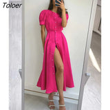 A-Line Office Womens Dress Lantern Sleeves Split Midi Dresses Elegant Ruched Summer Fit Flare Long Dresses