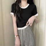 Clamming Color Splicing T-Shirts For Women's New Summer Fashion Slimming Thin-Sleeved Ice Silk Short-Sleeved Top