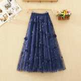 Fashion Appliques Embroidery Mesh Pleated Skirt Office Lady Commute All-match Elastic High Waist Aesthetic Ankle Skirts-Outfit