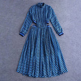 Summer Print Dress For Women Stand Collar Long Sleeve High Waist Hollow Out Midi Dresses Female Fashion 2022