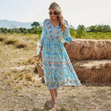 Neck Bohemain Long Dress Summer 2021 High Waist 100% Cotton Dresses Floral Print Chic French Dress for Women Robe