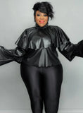 Plus Size High Neck Ruffles PU Leather Long Sleeve