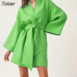 Summer Wrap Dress Chic Casual Holiday Cotton Linen Elegant Robe V-Neck Sashes Lace Up Thin Loose Dresses For Women