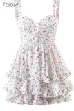 Spring Summer Chic Floral Print Lace Square Neck Cute Cake Cascading Ruffled Strap Mini Dress Woman 2023