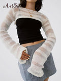 Y2K Thin Sweater Long Sleeve Cropped Top Fashion Slim O Neck Knit Crochet Pullover Women Smock Jumpers