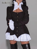 Sexy Two Piece Set Womens Square Collar Long Sleeve Tops High Waist Mini Skirts Ruffle Trim Colorblock Sets