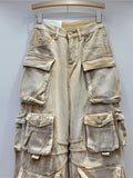 Women's Jeans High Washed Khaki Gradient Multiple Pockets Cargo Wide Leg Cool Denim Pants 2024 Summer New Fashion 29L4140-Outfit