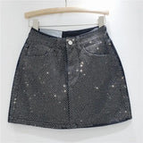 Women Denim Skirt Full Diamond Slim High Waist Black A-line Wrap Hip Luxury Mini Skirts 2024 Summer New Fashion 29L1188-Outfit