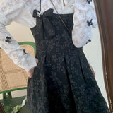 Kawaii Two Piece Set Women Korean Fashion Sweet Party Mini Dress Suits Female Lace Blouse + Floral Print Strap Dress
