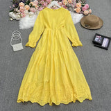 New Spring Fashion All-match O-neck long sleeve Dress high waist slim hollow out lace solid