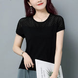 Summer Women's Pullover Round Neck Hollow Solid Short Sleeve Tee T-shirt Fashion Casual Elegant Holiday Office Lady Tops-Outfit