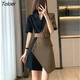 Fashion Short Sleeve Blazer Dresses Women 2022 New French Suit Dress Womens Niche Design Mini Skirts Splicing Belt