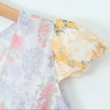 Retro French style Contrast Color Flower Print V neck Mini Dress Sexy Short Flying Sleeve Ruffles Hem Slim Waist Robe-Outfit