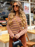 Stripe Print Cropped Top Woman Y2K Hollow Out Button Skinny Korean Fashion Casual Sexy Long Sleeve 2021 Autumn