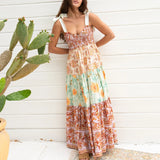 Women's Vintage Floral Print Silky Bow Knot Tie-Up Shoulder Straps Sleeveless Summer Big Swing Long Cami A-line Dress-Outfit