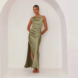 Spring And Summer Women's New Solid Color Sexy Bare Back Open Fork Long Skirt Sleeveless Sleeve-Less Dress Dress Dress