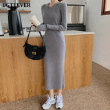 New Autumn Hooded Side Split Female Knitted Dress Stretched Sweater Women Dress Casual Ladies Pullovers Vestidos