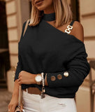 Toloer Street Style Irregular Shoulder Strap Nail Button Print Long Sleeve Off-Shoulder