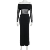 Autumn Famous Style Temperament Sexy Body Shoulder Mesh Stitching Dress
