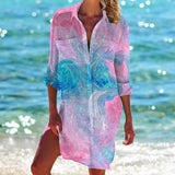 Women Printed Blouse Long Top Tunics Cardigan Half Sleeved Loose Beach Wear Swimwear Ladies Dresses Shirts Button 2023-Outfit