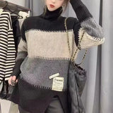 Vintage Striped Spliced Sweaters 2023 Autumn Winter Casual Turtleneck Female Clothing Korean Split Patch Designs Jumpers-Outfit