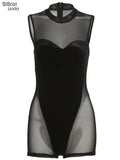 Sisterlinda Sexy See Through Mesh Patchwork Rompers Women Sleeveless Elastic Workout Velvet Overalls Activity Midnight