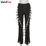Puss High Waist Flare Pants Women Sexy Mesh Hollow Side Bandage Summer Trend Soft Stretchy Streetwear Striped