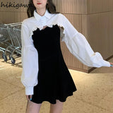 Women Clothing Sets Lantern Sleeve Short Loose Shirts with Black Solid 2023 Korean Fashion Women's Dress Two Piece Suit-Outfit