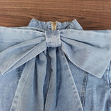 Patchwork Bow Denim Women's Jacket Stand Collar Long Sleeve Vintage Ruched Jackets For Female 2022 Fashion
