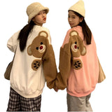 Harajuku Kawaii Hoodies Women Bear Embroidery Fleece Drop-Shoulder Sleeves Sweatshirts Bestie Friends Matching Pullover