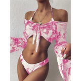 3 Piece Swimsuit Women Leopard Print Push Up Padded Biquini Brazilian Summer Bathing Suit Long Sleeve Thong Bikini