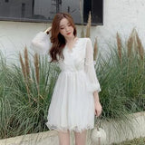 Party Sannian French Personality Dress Summer Retro Mesh V-neck Lace Dress Cheap Clothes China Long Pleated Dresses Preppy