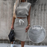 Set With Skirt Solid Slim Ladies Skirts Suit Sleeveless Sweatshirt Crop Tops And Split Lace Up Bottom 2021 Summer